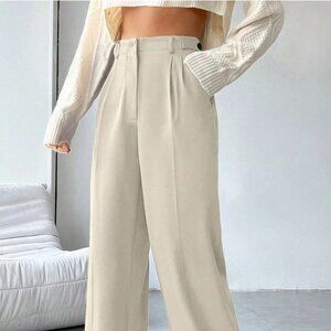💚 High Waist Wide Leg Beige Pants Casual Blend Women Loose Fit Size M-L